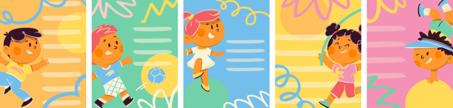 Modern cover or achievement card template with cheerful children. Active kids layouts collection with copyspace for kids sport activity. Vector graphic design template for children invitation or cover