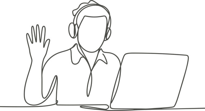 Single continuous line of a customer service representative wearing a headset and waving hello while working on a laptop computer at a desk