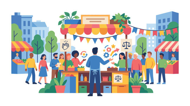 Vendor interacting with diverse crowd at outdoor market stall with conceptual business icons, vector illustration.