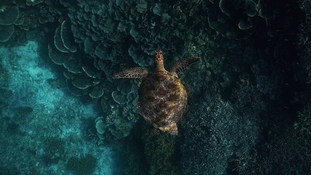 Cinematic Turtle slowly swimming relaxed empty clear blue ocean relaxing minimalist swim from coral to open sea with sun rays. bali indonesia gili islands underwater snorkel snorkelling marine life