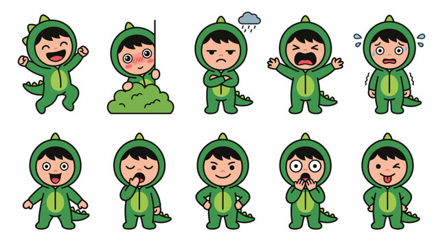 Funny child in green dinosaur suit performing activities and poses, suitable for games, vector illustration.