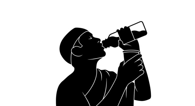 Black and white vector silhouette of a Muslim man wearing Ihram clothing and a prayer cap, drinking water from a plastic bottle, isolated on a white background for Hajj or Umrah.