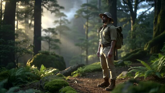 Explorer Hiking Through Mystical Forest Adventure Landscape