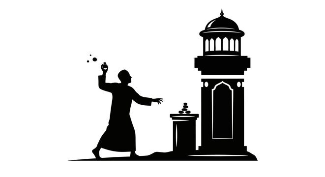 Black silhouette of a Muslim pilgrim performing the Rami al-Jamarat ritual by throwing stones at a pillar during the Hajj pilgrimage, isolated on a white background vector.