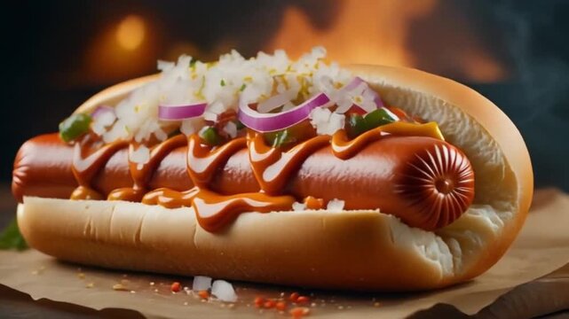 Close-up cinematic video of a hotdog bun with perfectly grilled sausage is placed inside, soft bread fibers visible, sausage surface glistening, professional softbox lighting