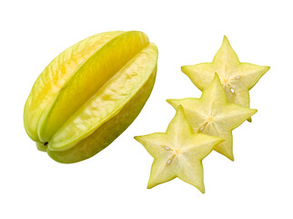 Fototapeta premium fresh star fruit whole and sliced cutout isolated on transparent background