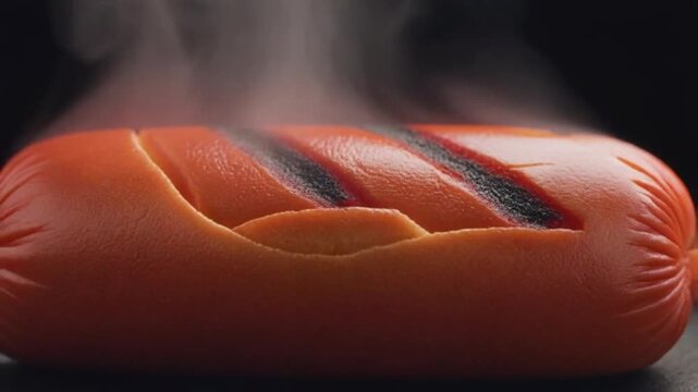 Macro video of a hotdog sausage surface crusty with flavor, tiny char marks visible, natural steam rising, bright and saturated studio setup, immersive and mouthwatering visual style
