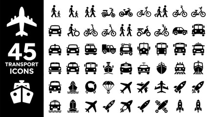Fototapeta premium Transport Icons Set with Airplane Car Bus Train Bicycle and Travel Symbols Collection 