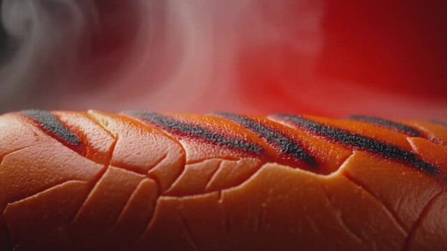 Macro video of a hotdog sausage surface crusty with flavor, tiny char marks visible, natural steam rising, bright and saturated studio setup, food commercial composition