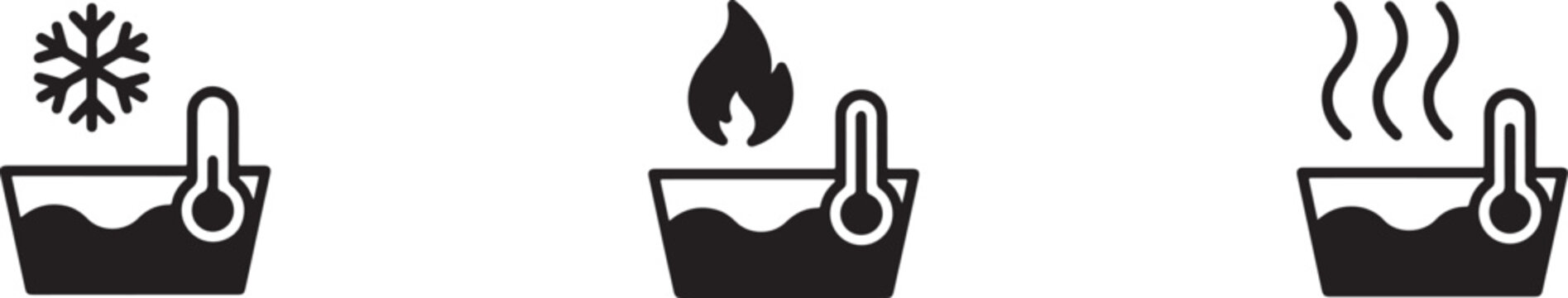 Minimalist vector graphic illustration showcasing three distinct laundry care symbols for cold warm and hot water temperature washing instructions settings
