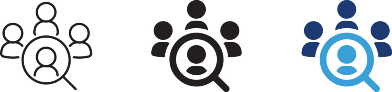 Professional collection of vector graphic icons illustrating a human resources manager searching for potential candidates in a business talent pool