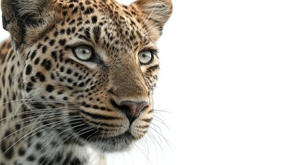 Obraz premium Focused Gaze: Close-Up Portrait of a Majestic Leopard against White Backdrop