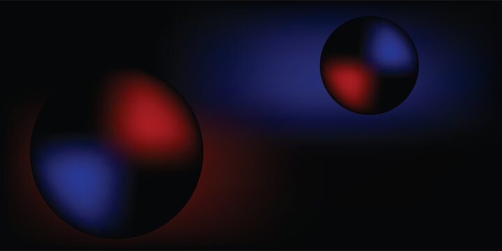 Abstract dark background with two glowing 3D spheres. Red and blue neon light orbs with grainy texture effect on black backdrop. Futuristic cosmic digital art. Vector illustration.