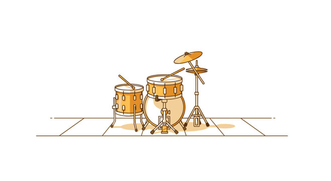 A professional golden drum set featuring a bass drum and shimmering cymbals sits ready on a clean tiled stage under bright studio lighting.