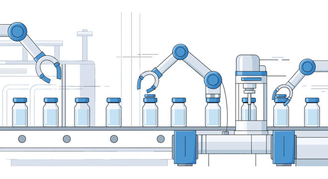 Sleek blue robotic arms work in perfect synchronization to cap a long line of small glass vials moving along an automated industrial conveyor belt.