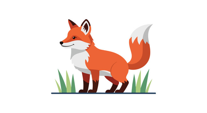 Cute Red Fox Standing on Green Grass Wildlife Illustration Isolated on White Background
