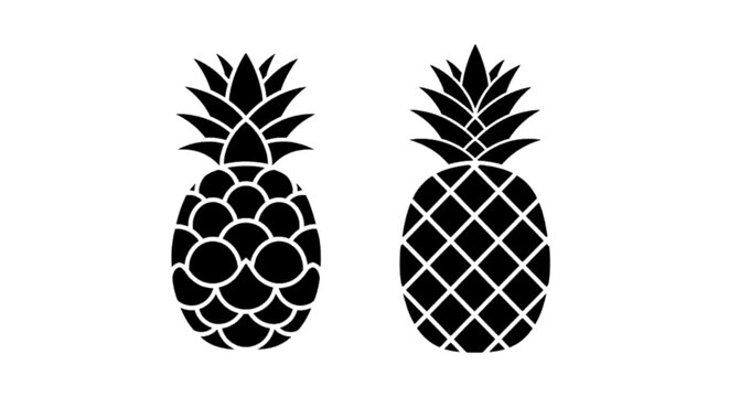 Minimal black silhouette icon, simple flat vector, bold black shape, no, no shading two stylized pineapple icons with different geometric patterns on a, flat icon style