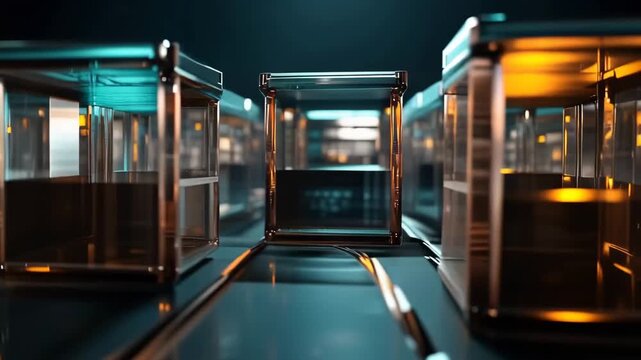 Small glass cubes move under bright lights in a dark space. The light reflects off surfaces, creating patterns as it shifts and changes.