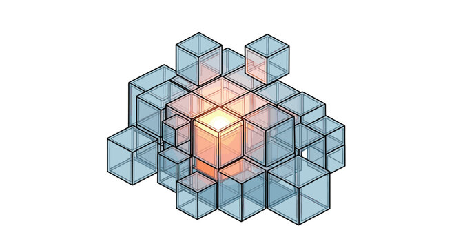 A meticulous arrangement of transparent glass cubes features a single central block radiating a warm orange glow from its core on a white background.