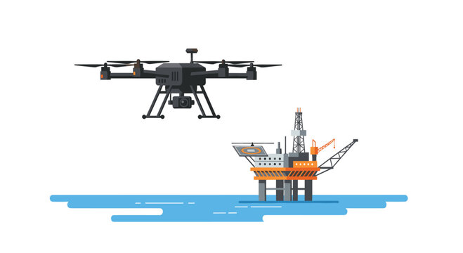 A sophisticated black industrial drone performs a meticulous aerial inspection over a complex offshore oil rig platform under a bright white sky.
