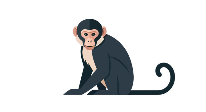 Minimalist flat illustration of a sitting monkey primate isolated on white background