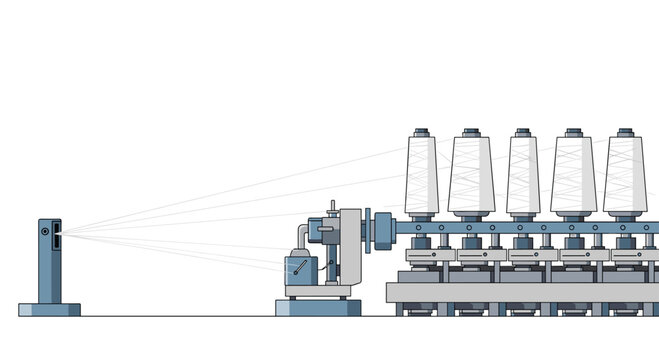 A side view of an industrial textile machine shows several large spools of white thread being fed into the mechanism in a clean and minimalist technical motif.