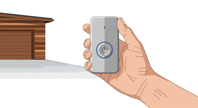 A person holds a silver remote control with a blue power button while aiming it towards a closed wooden garage door in a bright and clean residential setting.