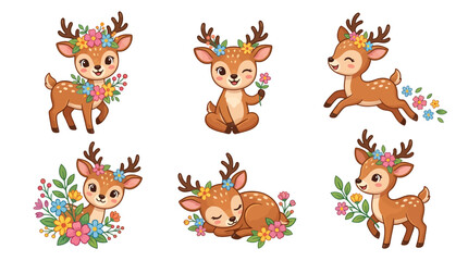 Naklejka premium Cute cartoon fawn collection with floral crowns, featuring six adorable baby deer illustrations in playful and gentle poses amidst vibrant flowers
