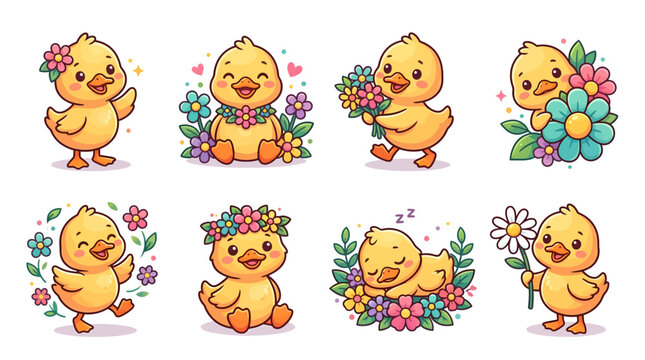 Adorable baby ducks surrounded by flowers, perfect for Easter and spring-themed designs