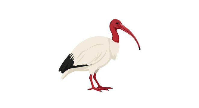 Elegant Crested Ibis Illustration with Red Face and Long Curved Beak Isolated on White Background