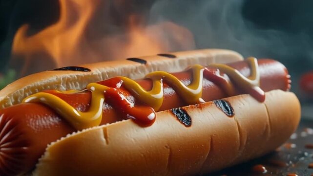 Close cinematic video of a freshly grilled hotdog sizzling as glossy juices glisten on the surface, steam rising naturally, vibrant studio lighting with strong highlights and shadows