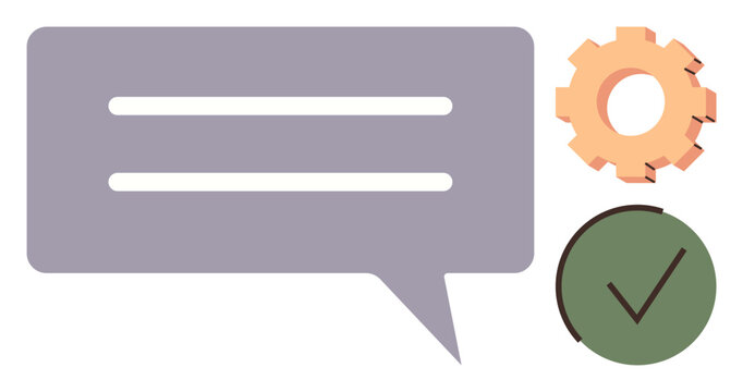Communication, workflow, approval, task management, system processes, productivity. Speech bubble next to a gear and checkmark symbol. Communication and workflow concepts illustrated