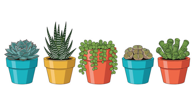 Five distinct and healthy succulents are displayed in a row, each planted in a vibrant ceramic pot of blue, yellow, or orange.