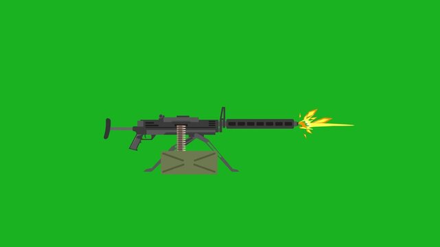 Heavy Machine Gun 2D Flat Animation loop Firing with Muzzle Flash and Ammo Box on a Chroma Key Green Screen Background