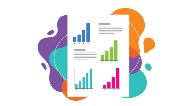A clean white document featuring four distinct colorful bar charts is centered over vibrant abstract liquid shapes in purple, orange, and teal.