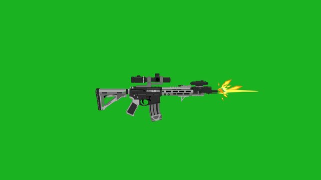 Modern Assault Rifle 2D Flat Animation Firing with Muzzle Flash and Tactical Scope on a Chroma Key Green Screen Background