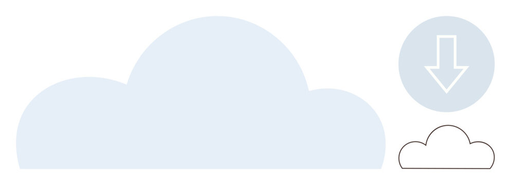 Cloud storage, internet technology, data transfer, backup systems, digital media, online downloads. Large and small cloud with a download arrow. Cloud storage and internet technology concept