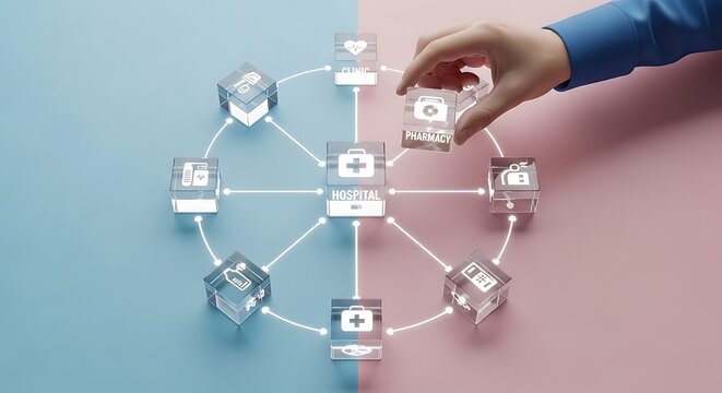 A hand placing a pharmacy cube among interconnected medical icons on a blue and pink background