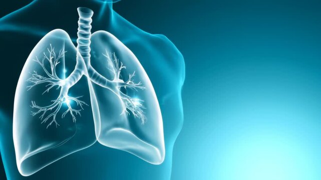 Translucent human lungs and trachea glow within a torso outline.