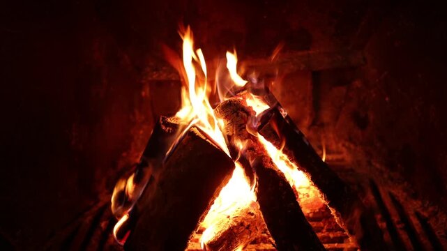 Wood burning in fireplace at home, closeup