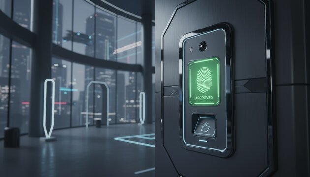Biometric scanner with fingerprint reader in modern office lobby high tech biometric fingerprint security authentication technology building