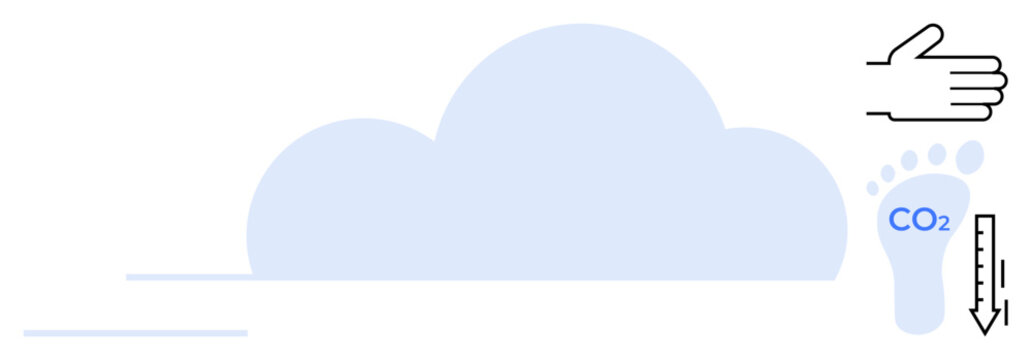 Sustainability, environmental impact, carbon management, energy efficiency, climate action, eco-friendly initiatives. Cloud, footprint with CO2 and decreasing arrow hand gesture. Sustainability