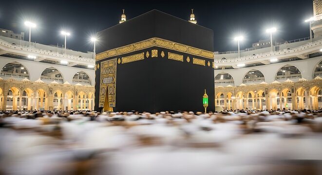 Detailed view of the Kaaba at Masjid al-Haram in Mecca, Saudi Arabia, featuring a long exposure motion blur of Muslim pilgrims performing Tawaf around the sacred site at night.