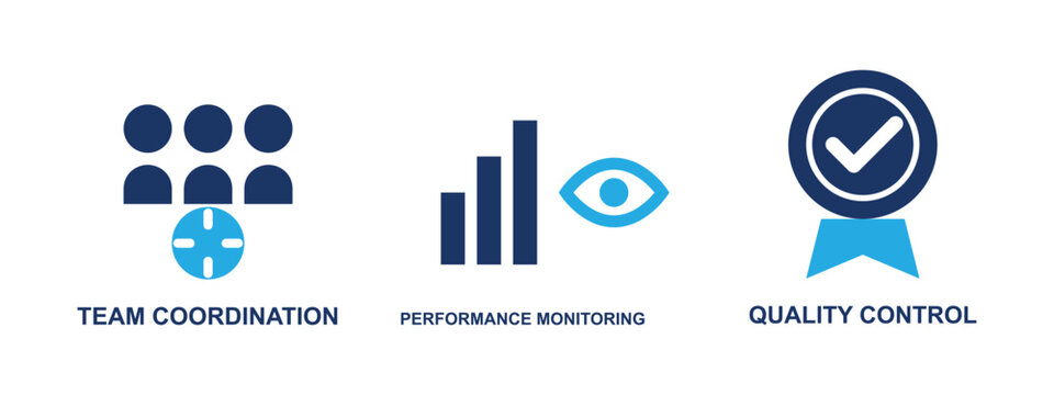 Business icons for team coordination, performance monitoring, and quality control