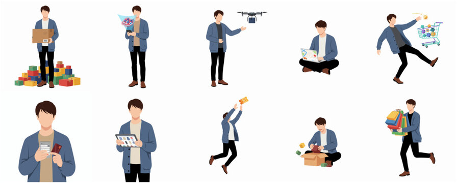 Flat vector illustration set of a young man engaging in online shopping activities, mobile payments, tracking orders, and receiving package deliveries