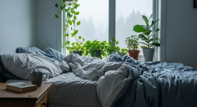 Lit d&eacute;fait avec des plantes &agrave; la fen&ecirc;tre, lumi&egrave;re du matin, int&eacute;rieur de chambre confortable
