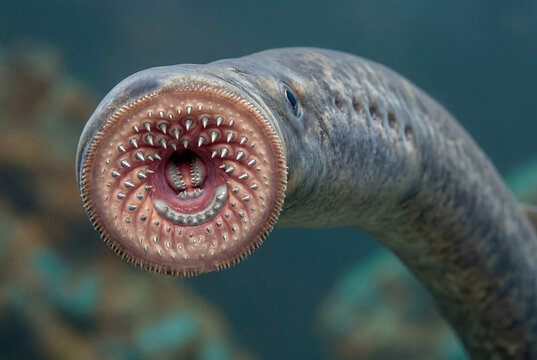 Close up view of a sea lamprey showing its circular oral disc full of sharp silver teeth underwater