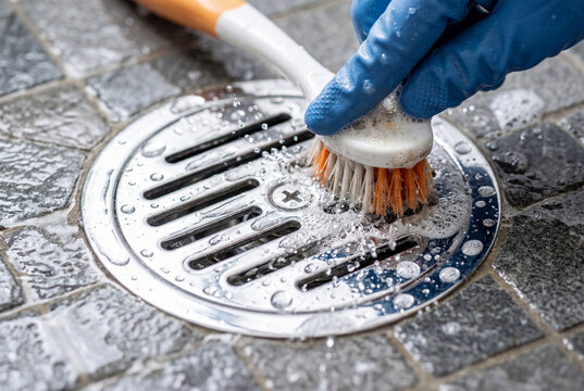 Gloved hand scrubbing a shiny chrome shower drain with a small brush and soapy water bubbles