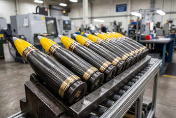 Naklejka premium Row of manufactured artillery shells with yellow tips on a factory assembly line