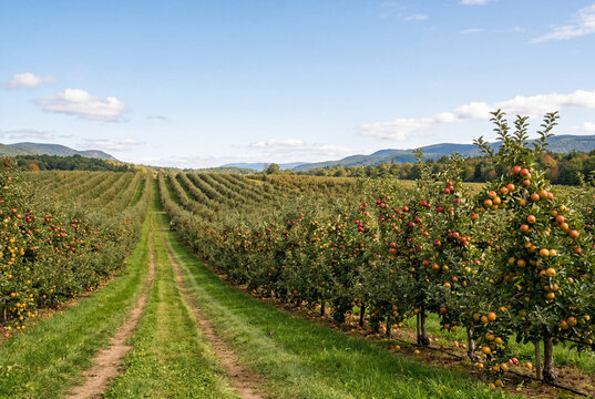Rows of apple trees with red fruit in large outdoor orchard